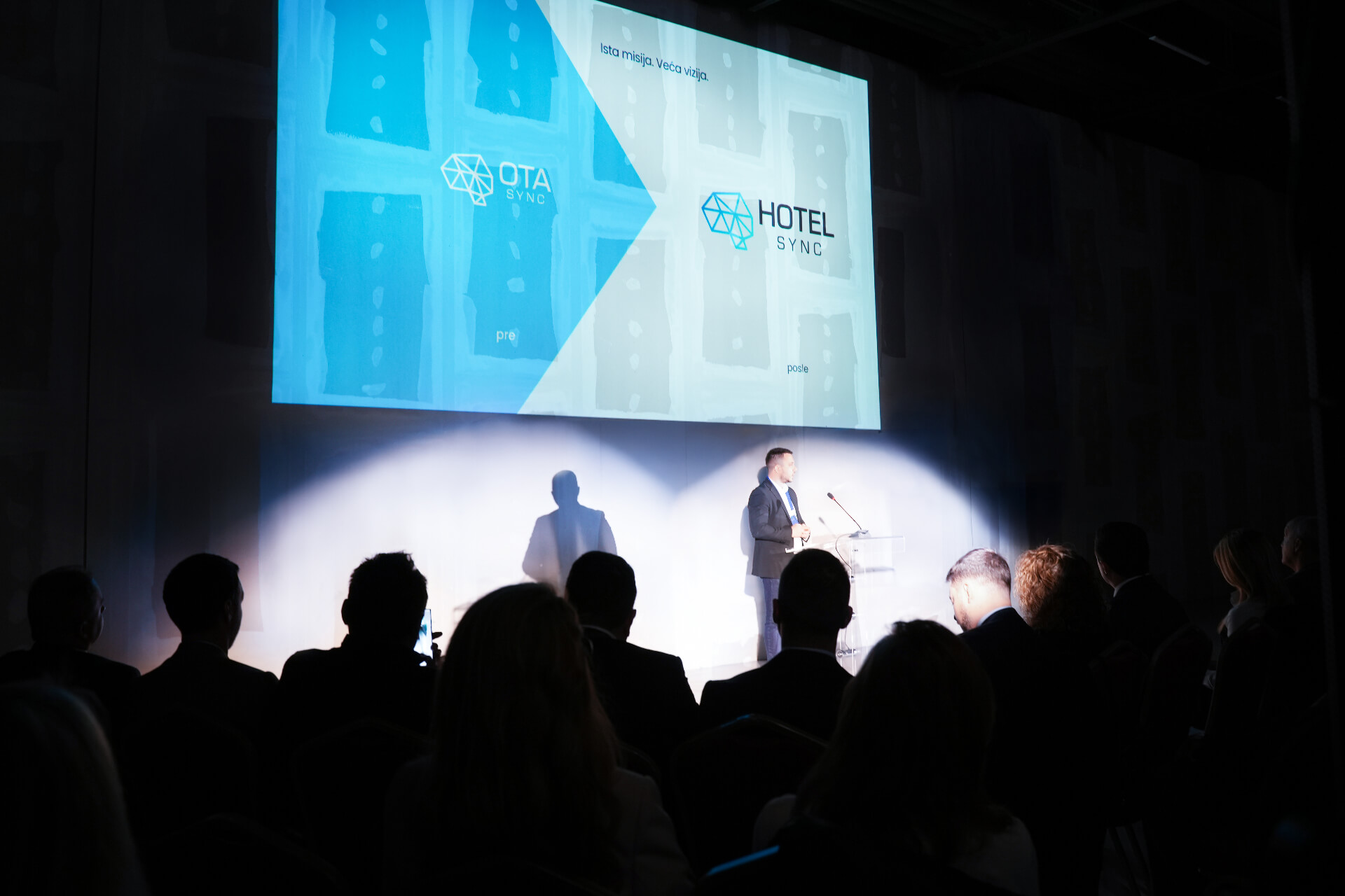 Презентация на сцена за ребрандирането на HotelSync, показваща преходa от OTA Sync към HotelSync